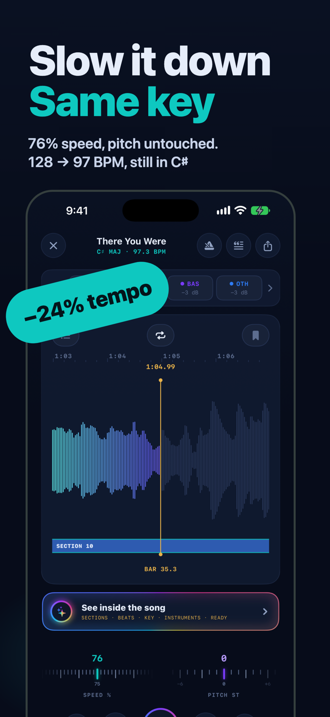 Slowing a song to 76% speed in Song Practice while the pitch stays untouched