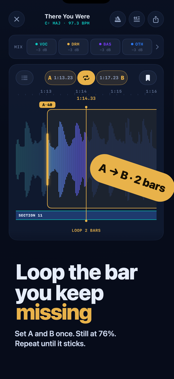 A two-bar A-B loop set on the waveform in Song Practice, from 1:13.23 to 1:17.23
