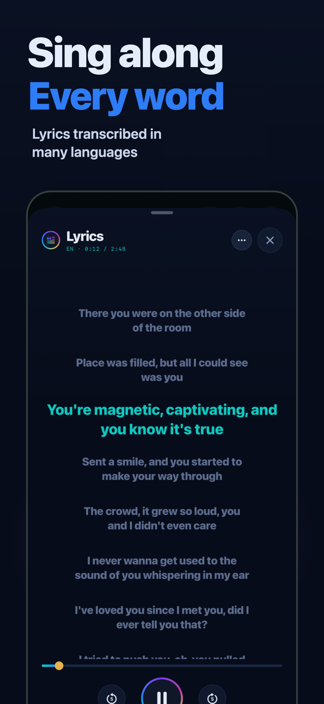 Synced lyrics in Song Practice with the current line highlighted as the song plays
